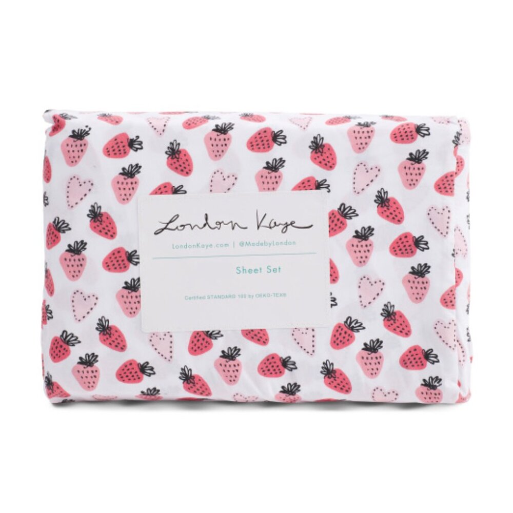 London Kaye Twin XL Strawberry Hearts Sheet Set NWT